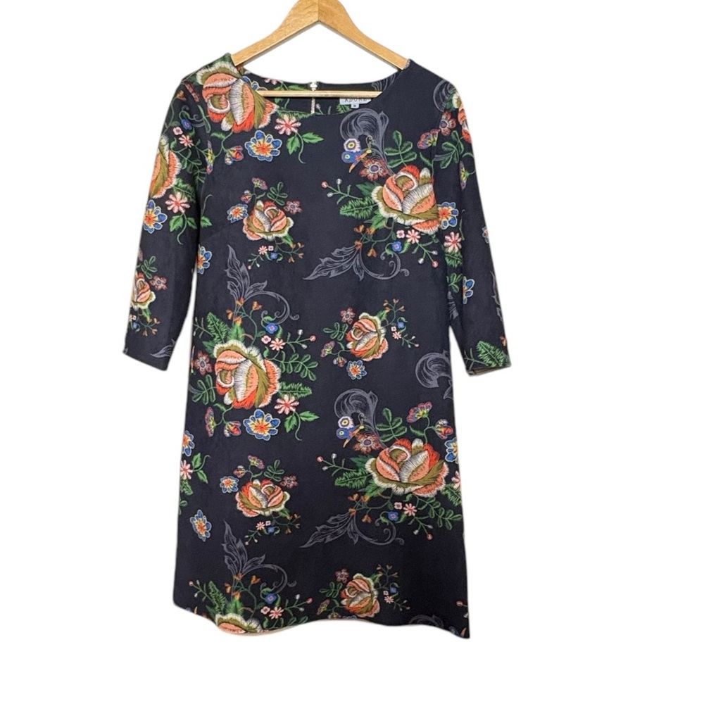 Adore Multi Color Floral ALine Mini Dress 3/4 Length Sleeve Back Zip Closure M